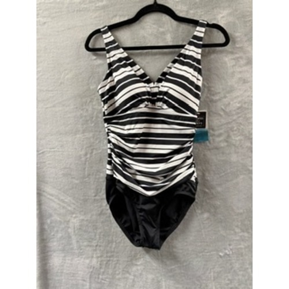 Swim Solutions Women Black White Striped Ruched V-Neck One-Piece Swimsuit NWT 8 - Picture 2 of 14